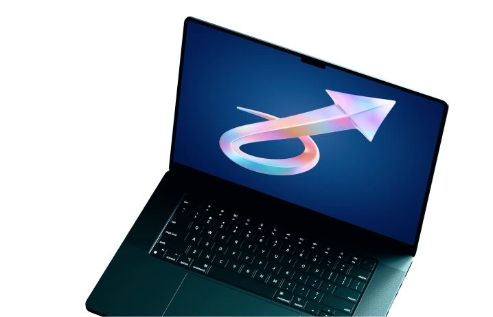 Laptop with 3D arrow on screen — concept of progress and development Laptop with a screen showing a 3D arrow symbolizing growth or forward movement